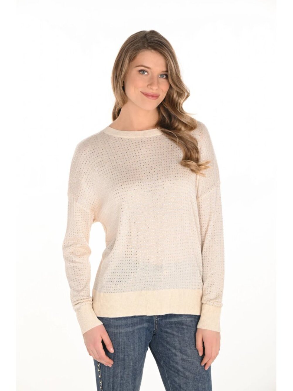 Zara Beige Sweater Knit Lightweight Rhinestone Top Size Small